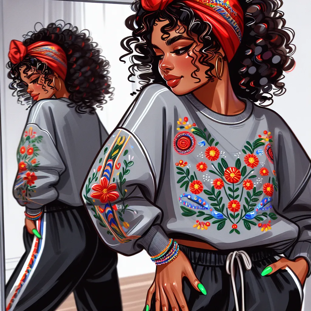 The image accompanying this story is a depiction of Denise Turner, a confident and vibrant woman in her thirties. She has dark brown, coiled hair that falls gracefully to her shoulders. Denise is wearing a gray sweatshirt adorned with colorful embroidery and black sweatpants with a white stripe down each leg. She sports a bright red headwrap, adding a touch of personality to her look. Her nails are painted a bold green, matching her bubbly personality. Denise is standing in front of a mirror, lo