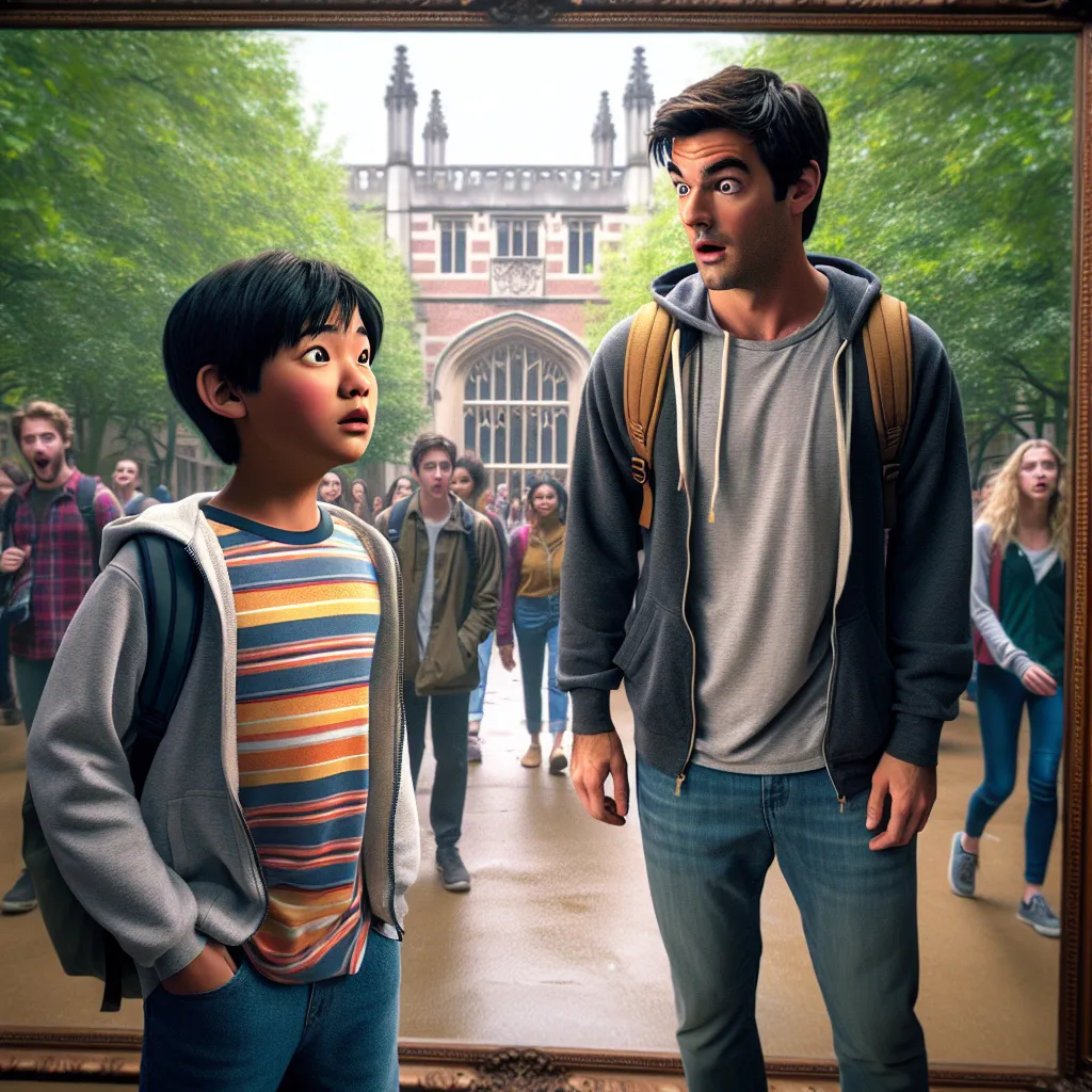 An imaginative tale of a young boy named Oliver who mysteriously swaps bodies with a college student named Ethan at a bustling university campus. With poignant descriptions of each character and their unique attributes, the story unfolds as Oliver navigates his new adult life while holding onto his childlike wonder. The image could capture both Oliver and Ethan's reflections in a mirror, showcasing the dramatic transformation and emotional complexity of the story.