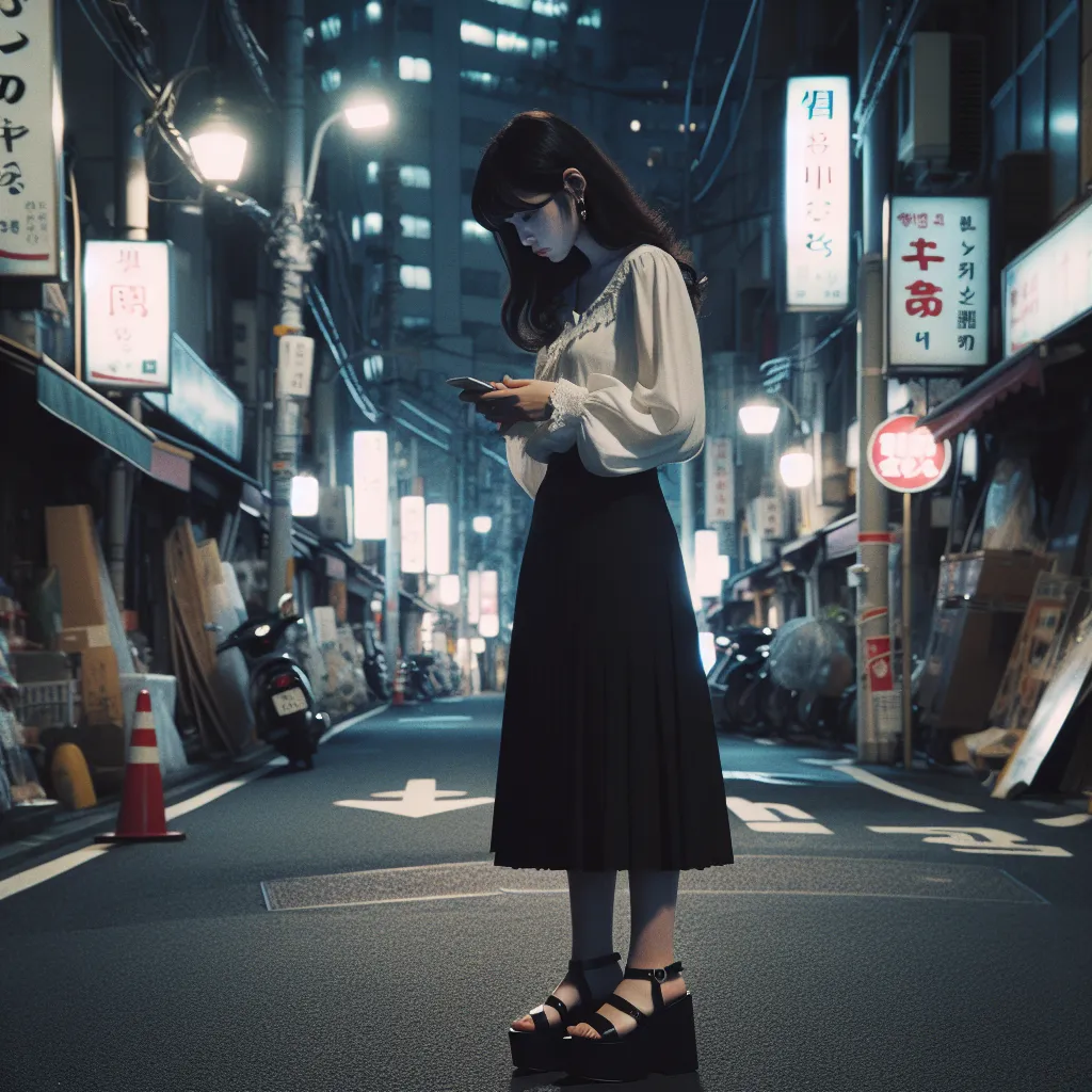 A Korean woman named Eun-ji, dressed in a white blouse and black skirt, stands on a dimly lit street. She wears platform sandals and carries a phone. She is surrounded by the unfamiliar streets of a bustling neighborhood.