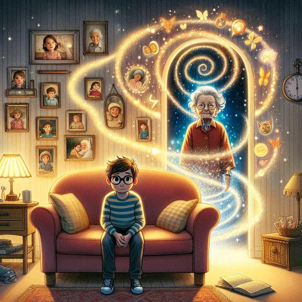 A young boy named Lucas is left home alone for the first time, leading to a magical transformation into his grandmother, Nora. The numbered list format guides the reader through the detailed story as Lucas experiences a sudden change in his appearance and memories, leaving behind the life of a six-year-old boy.