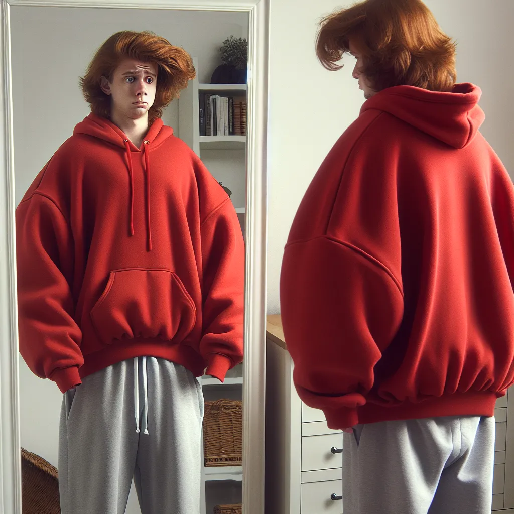 This image could be a humorous depiction of a son in his mother's body, wearing a red bikini that is too small for him. The son is standing in front of a mirror, looking slightly uncomfortable and awkward in his new body, with his mother's red hair flowing past his shoulders. The image captures the son's surprise and amusement at his newfound curves, as he tries to navigate his way through the challenges and perks of being in his mother's body.