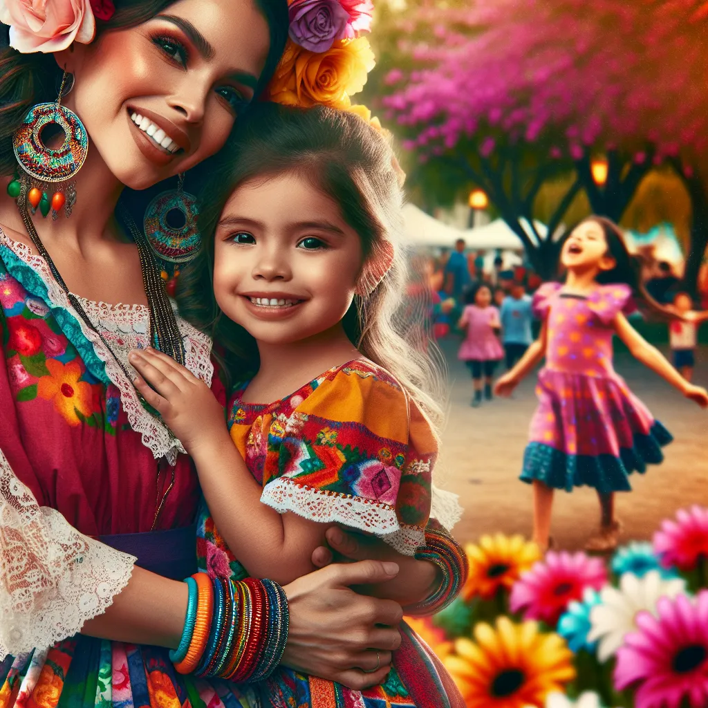 A colorful and heartwarming image featuring a woman named Rosa, wearing a traditional Mexican dress and vibrant jewelry, standing with her young daughter Isabella. The image captures their close bond and portrays them with warm smiles, surrounded by a park filled with blooming flowers and joyful children playing. The image reflects the theme of family, resilience, and the strength of a mother's love.