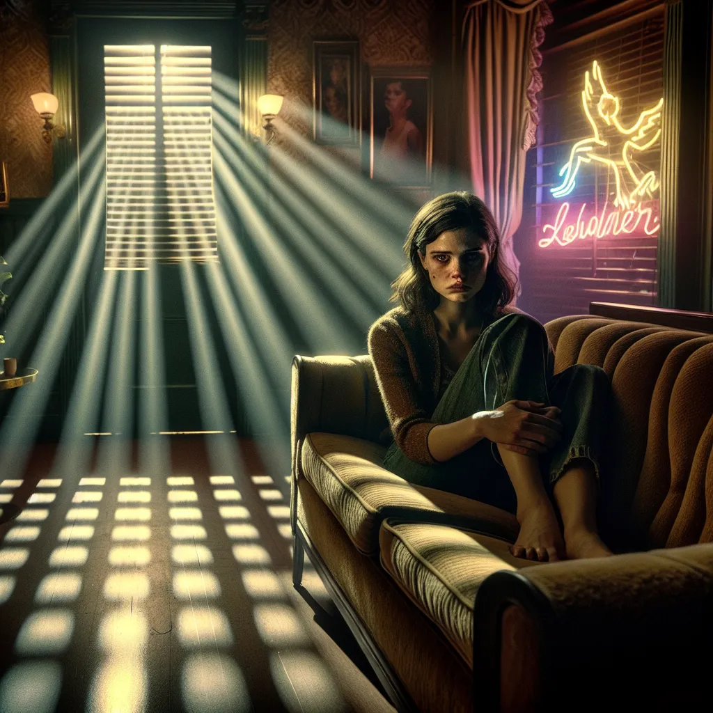 Description: A somber woman sits on a plush couch in a cozy room, her haunted eyes reflecting the weight of her grief. Sunlight streams through the blinds, casting warm stripes across the floor. In the background, neon lights flicker above the entrance of a nightclub, symbolizing the vibrant nightlife district of Manhattan. The image captures the duality of light and darkness, reflecting the protagonist's journey to unravel the shadows and find hope amidst the silent echoes of her sister's disap