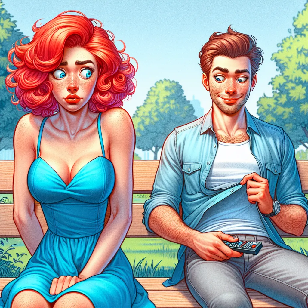 This image portrays two young adults, one with red curls and a bright blue sundress sitting on a park bench, feeling awkward and frustrated while adjusting to their new curvaceous figure. The other person, lounging casually with a remote in their pocket, listens with amusement. The setting is a park with a playful and light-hearted atmosphere.