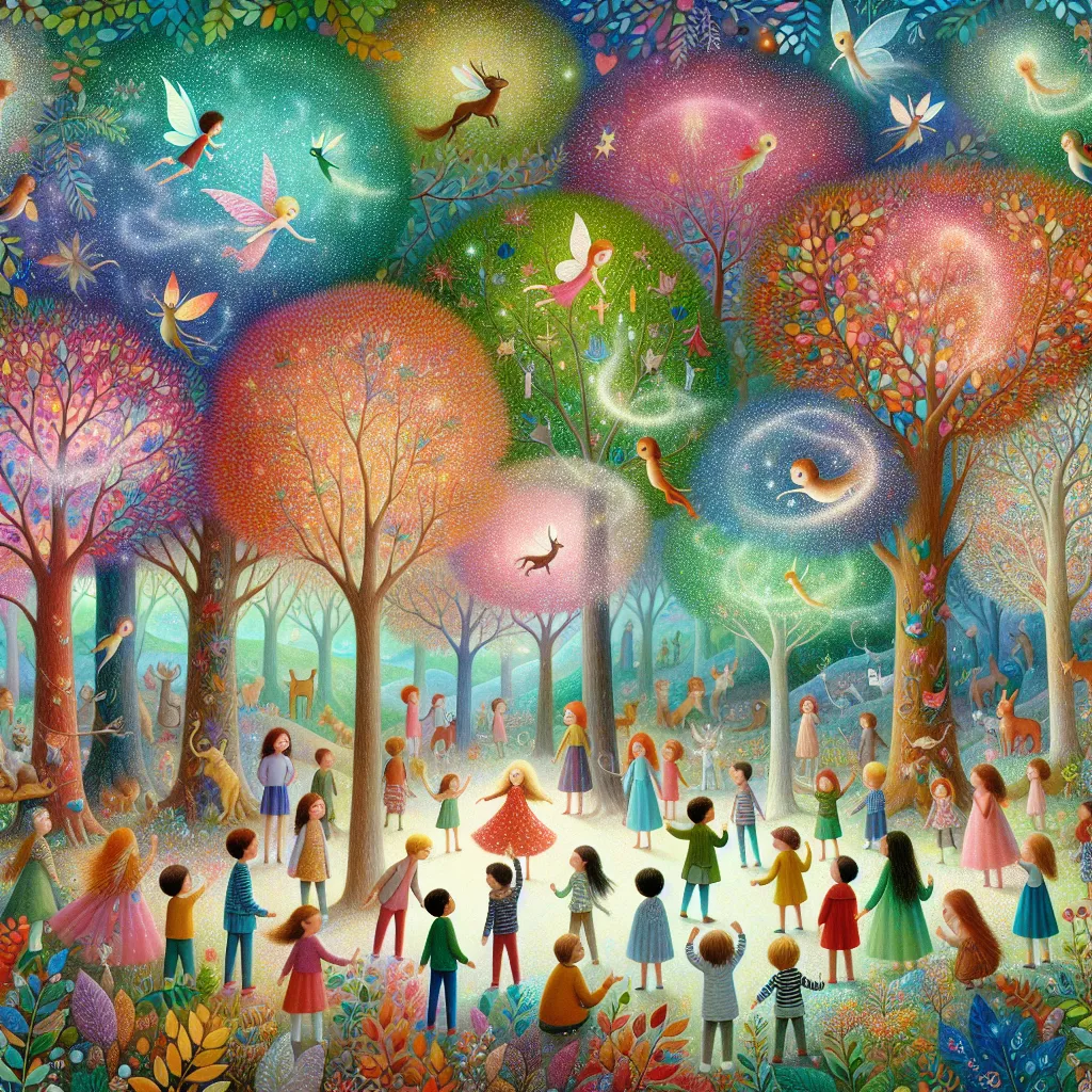 A vibrant and imaginative image depicting a group of children exploring a magical forest, filled with colorful trees, talking animals, and sparkling fairy dust.