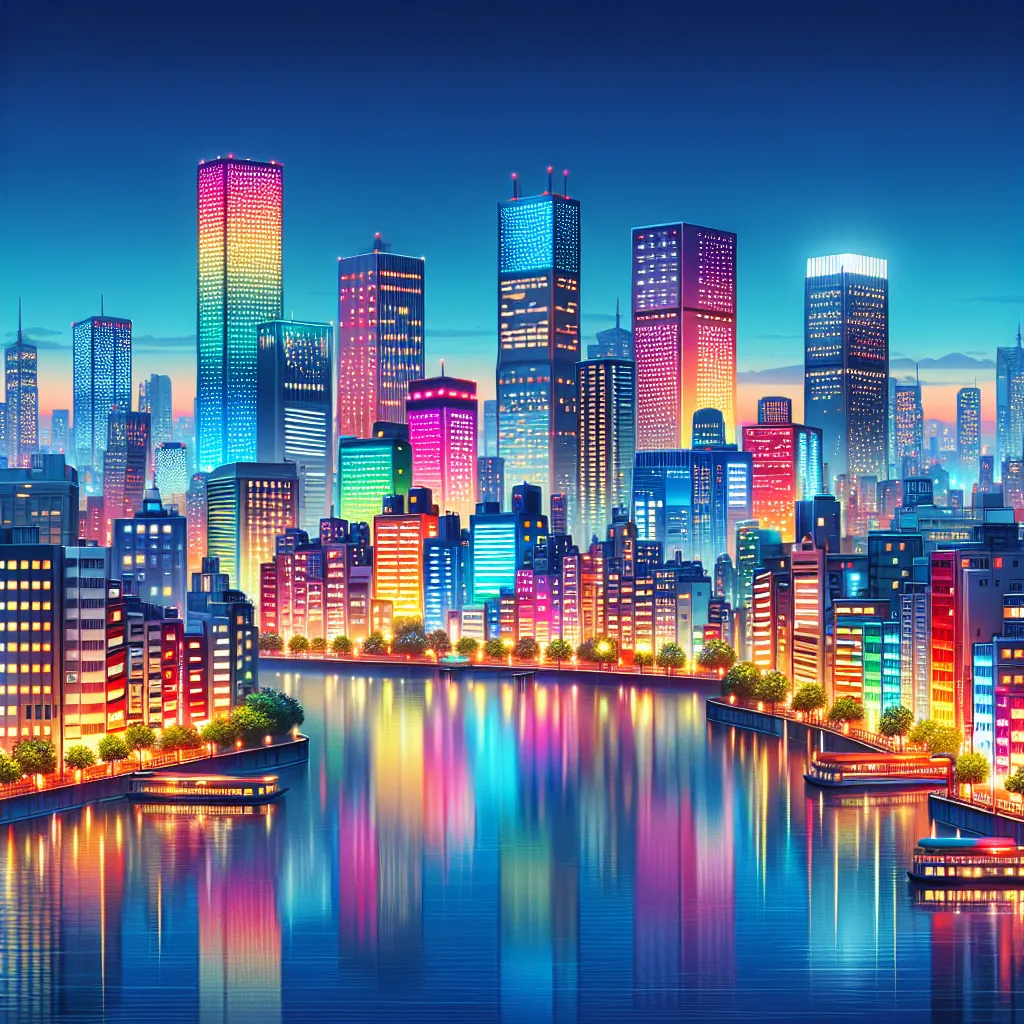 A vibrant city skyline at night, with colorful lights reflecting on a calm river, creating a mesmerizing scene.