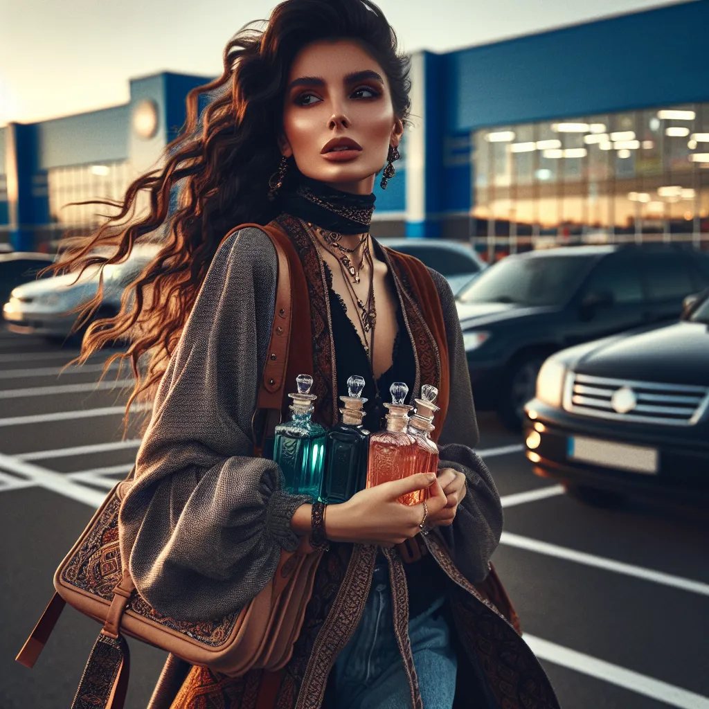 An enchanting image of a confident woman leaving a store, holding bottles of magical potions, with a mix of determination and nostalgia in her expression. She is strikingly attired, wearing a stylish outfit, braided hair dancing in the wind, under a setting sun casting a golden glow over the parking lot.
