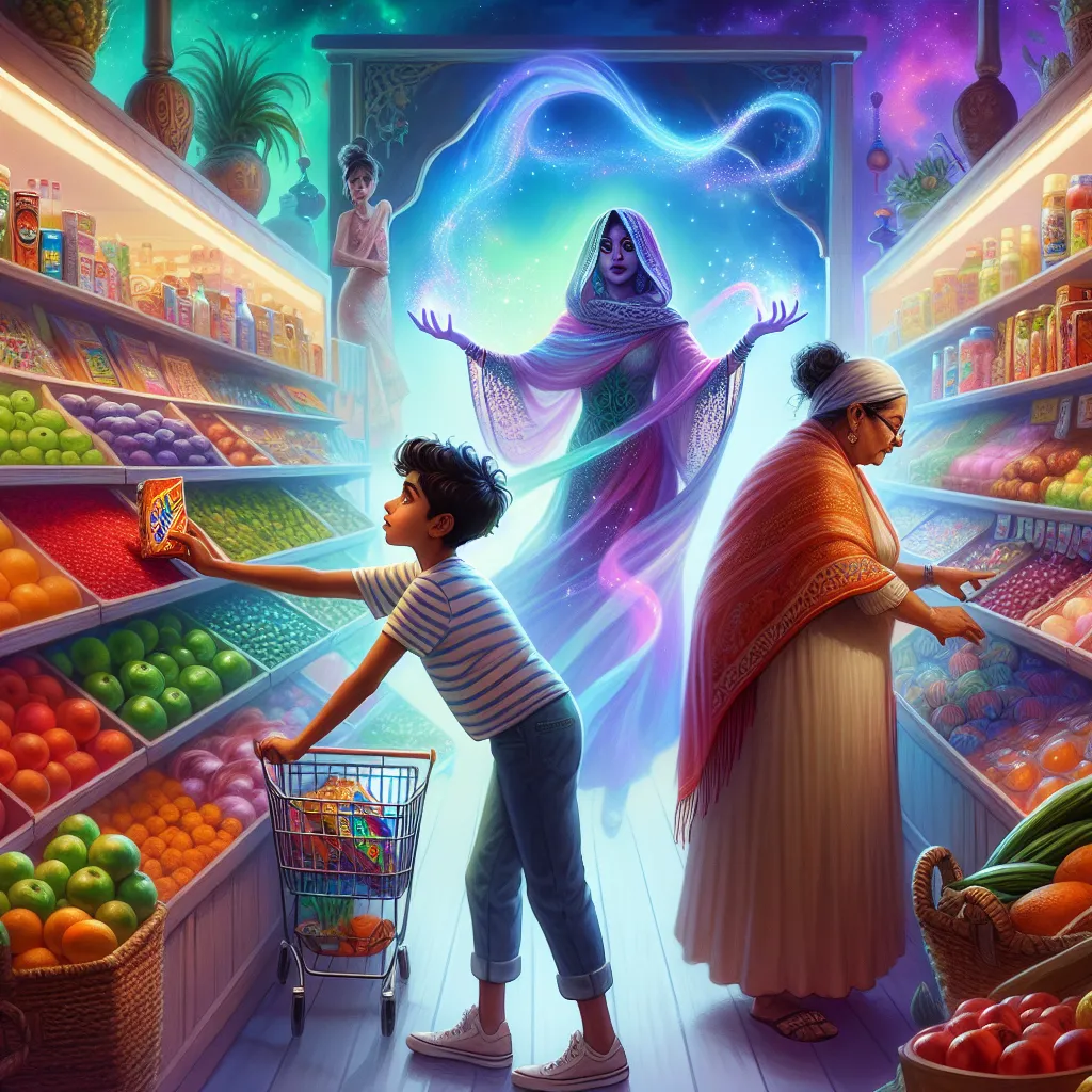 A young boy named Oliver explores a vibrant grocery store with his mother and grandmother. As he reaches for candy, a mysterious woman named Fadwa casts a spell, swapping their bodies. Oliver finds himself in Fadwa's body, navigating a new life full of unfamiliar experiences. Meanwhile, Fadwa, now in Oliver's body, seamlessly joins Oliver's family, taking on his identity. The tale unfolds as both characters adapt to their new lives, their memories slowly fading. The poignant story of longing, ma