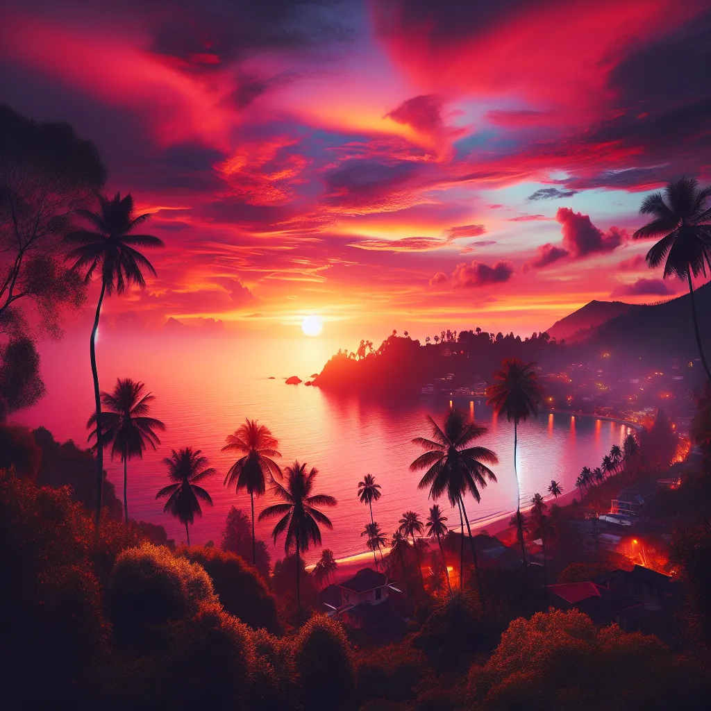 A stunning sunset over a serene and picturesque coastal landscape.