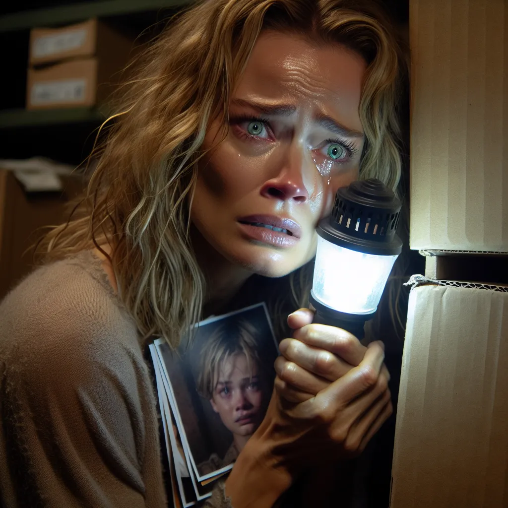 A tense and emotional image of a worried woman in her mid-30s, clutching a lamp tightly with sweat on her face, hiding behind boxes in a dimly lit basement. Her light blonde hair falls around her shoulders, her green eyes filled with tears as she holds a picture of her missing son.