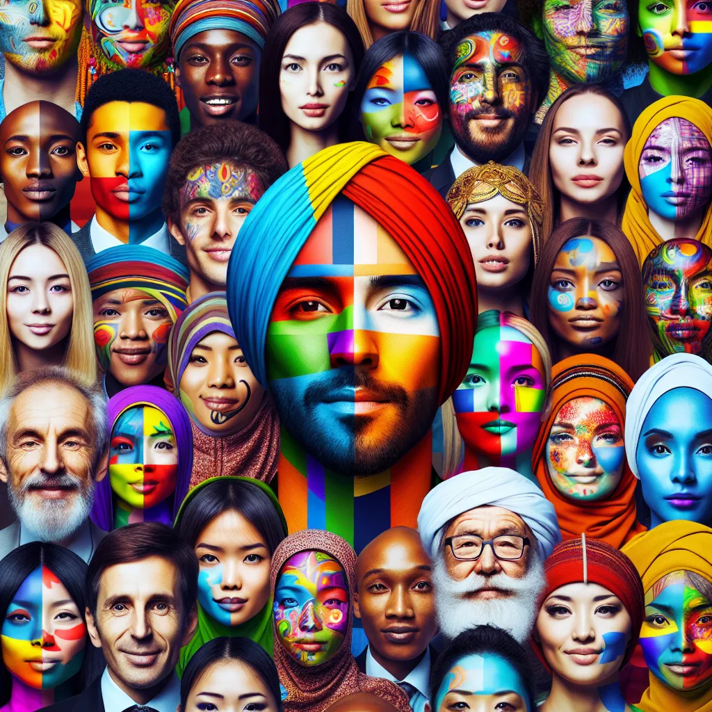 A surreal and vibrant illustration depicting a group of diverse individuals standing together, representing unity, diversity, and collaboration.