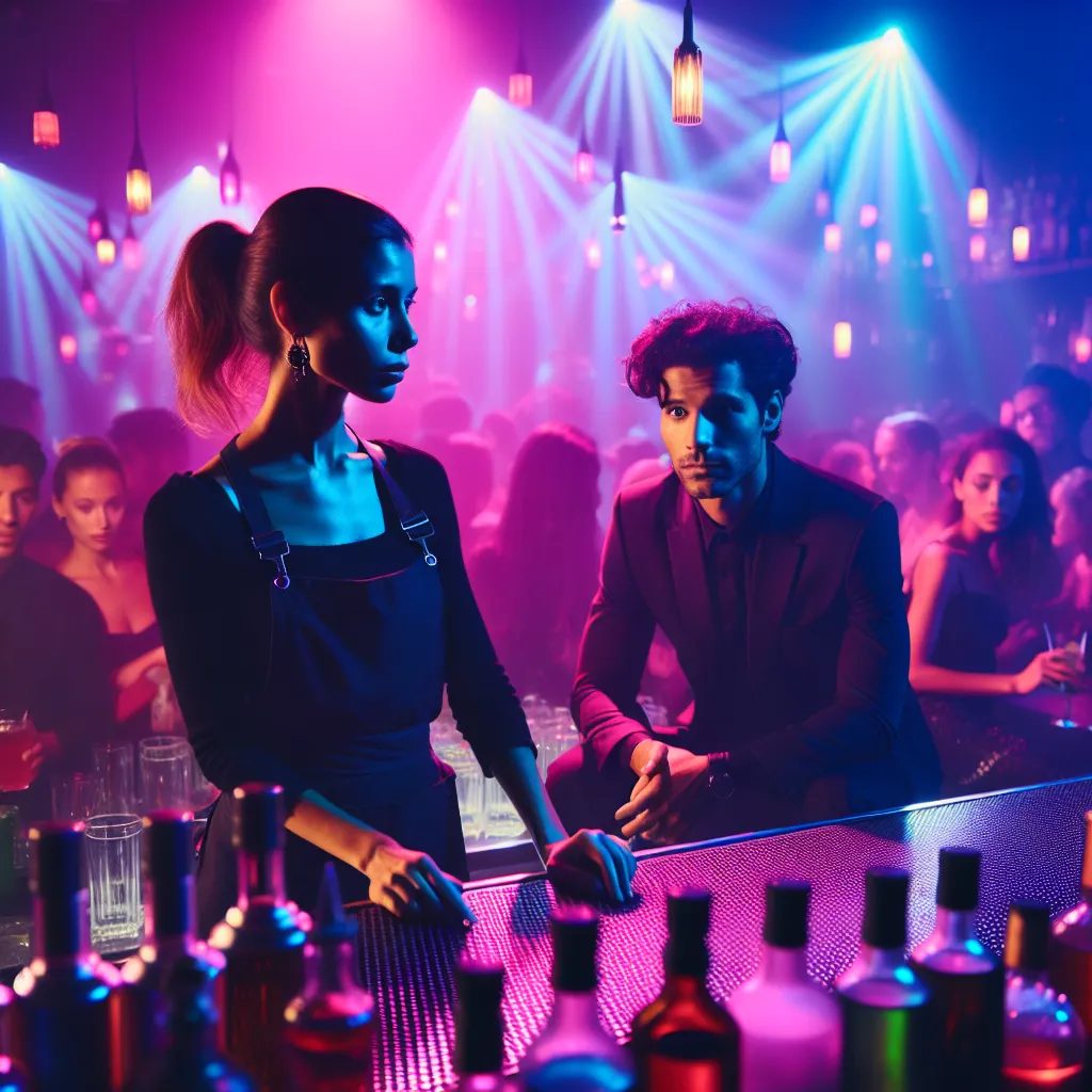 A nightclub scene with a woman, Emilia, tending bar under neon lights, contemplating a mysterious stranger who has captured her attention. Her thoughts are consumed by the encounter as she navigates the lively atmosphere, waiting for their paths to cross once more.