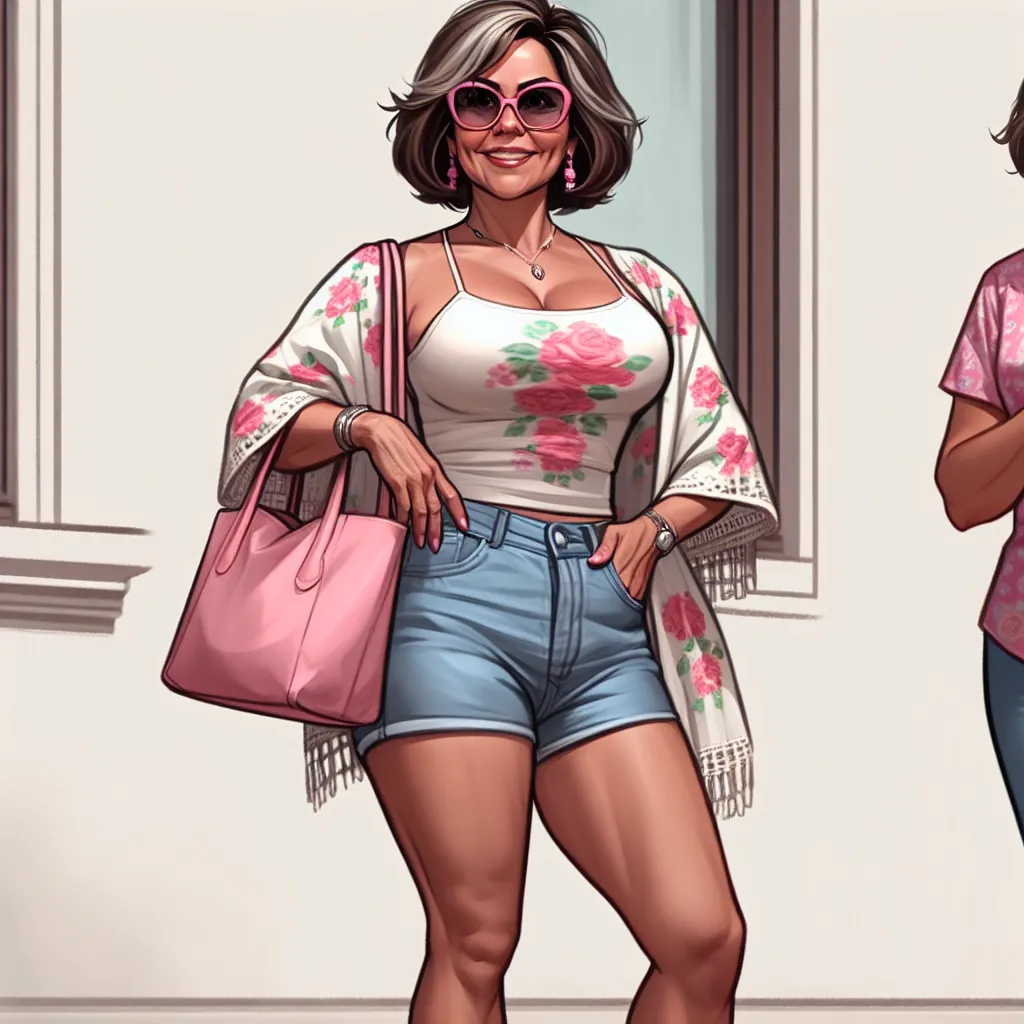 An image of Sofia, a middle-aged Mexican woman, dressed in a loose floral tank top and blue denim shorts, wearing pink flip flops and oversized sunglasses. She is standing confidently outside, holding her purse over her shoulder and smiling.