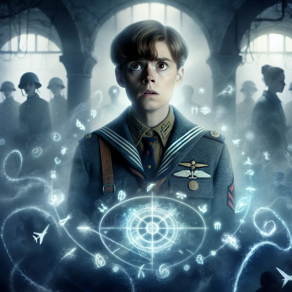 A tense, moody portrait of Trevor Maloney trapped in Miyafuji Yoshika’s body: a young woman in a sailor-style military uniform with short brown hair and wide brown eyes, surrounded by faint arcs of glowing magical runes etched on her abdomen. Her expression is a mixture of horror, confusion, and resignation. In the dim, cramped quarters of a WWII-style flying squadron barracks, ghostly silhouettes of other female pilots watch silently, while ethereal wisps of arcane energy swirl, symbolizing the