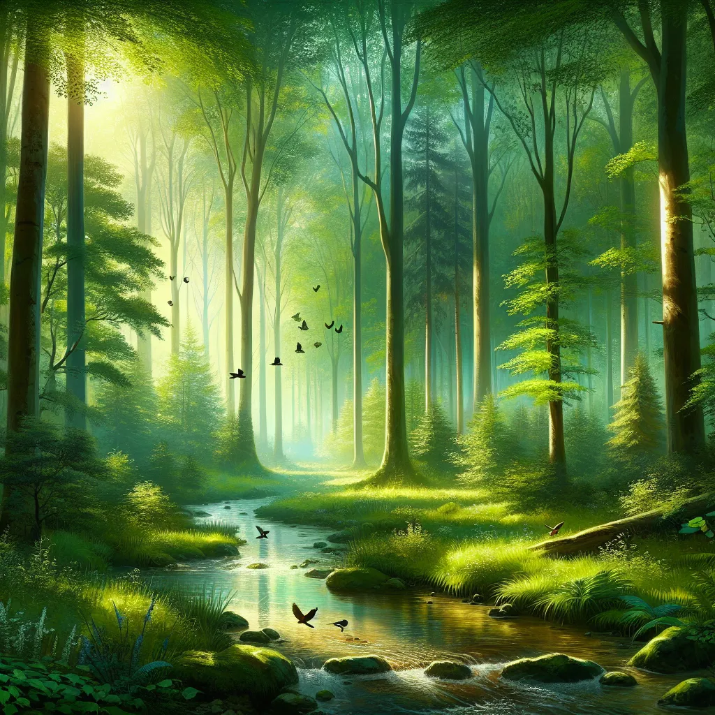 A beautiful scene of a serene forest with tall, lush green trees surrounded by dappled sunlight. Birds are chirping and a clear stream is flowing peacefully through the forest, creating a sense of tranquility and harmony with nature.