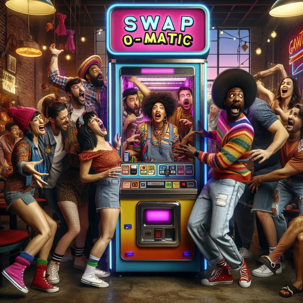 A chaotic and humorous scene unfolds as friends navigate a malfunctioning "Swap-O-Matic" machine, resulting in unexpected body swaps and hilarious antics.