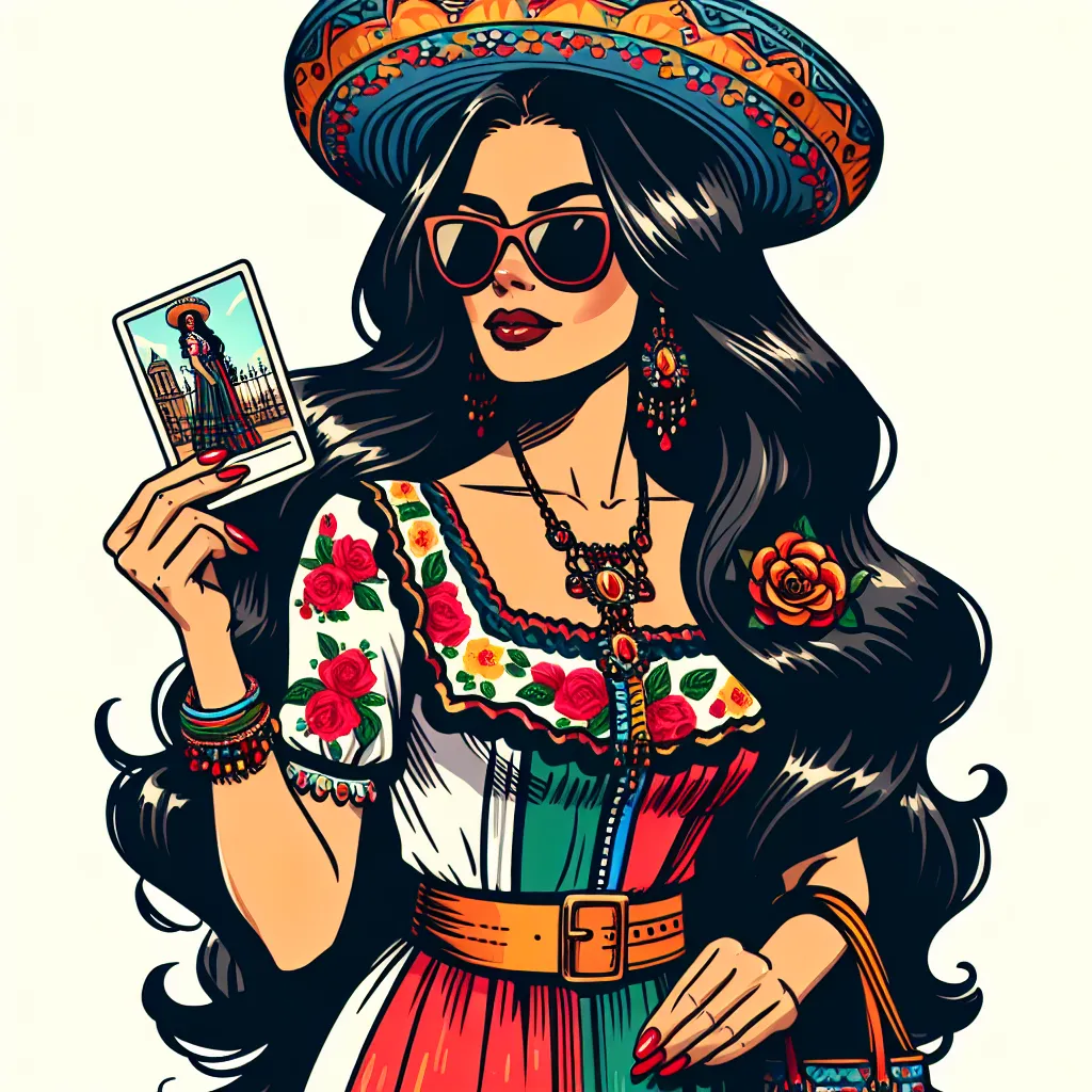 A generated image description might be: A middle-aged woman with long black hair, wearing a colorful traditional Mexican dress and adorned with jewelry, stands confidently in front of a mirror. She adjusts her sunglasses and flips her new red-painted toenails, showing off her pedicured feet in Mexican-themed flip flops. She holds a small photograph in her hand, looking both proud and emotional.