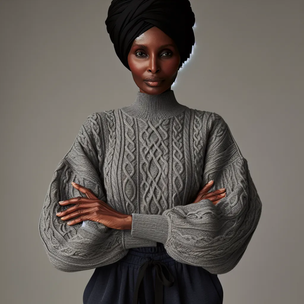 An image of Rochelle, a confident African American woman in her 60s, wearing a stylish black turban, a gray cable-knit sweatshirt, and dark blue sweatpants. She stands tall with an air of assertiveness and determination, showcasing her authenticity and embracing her culture.