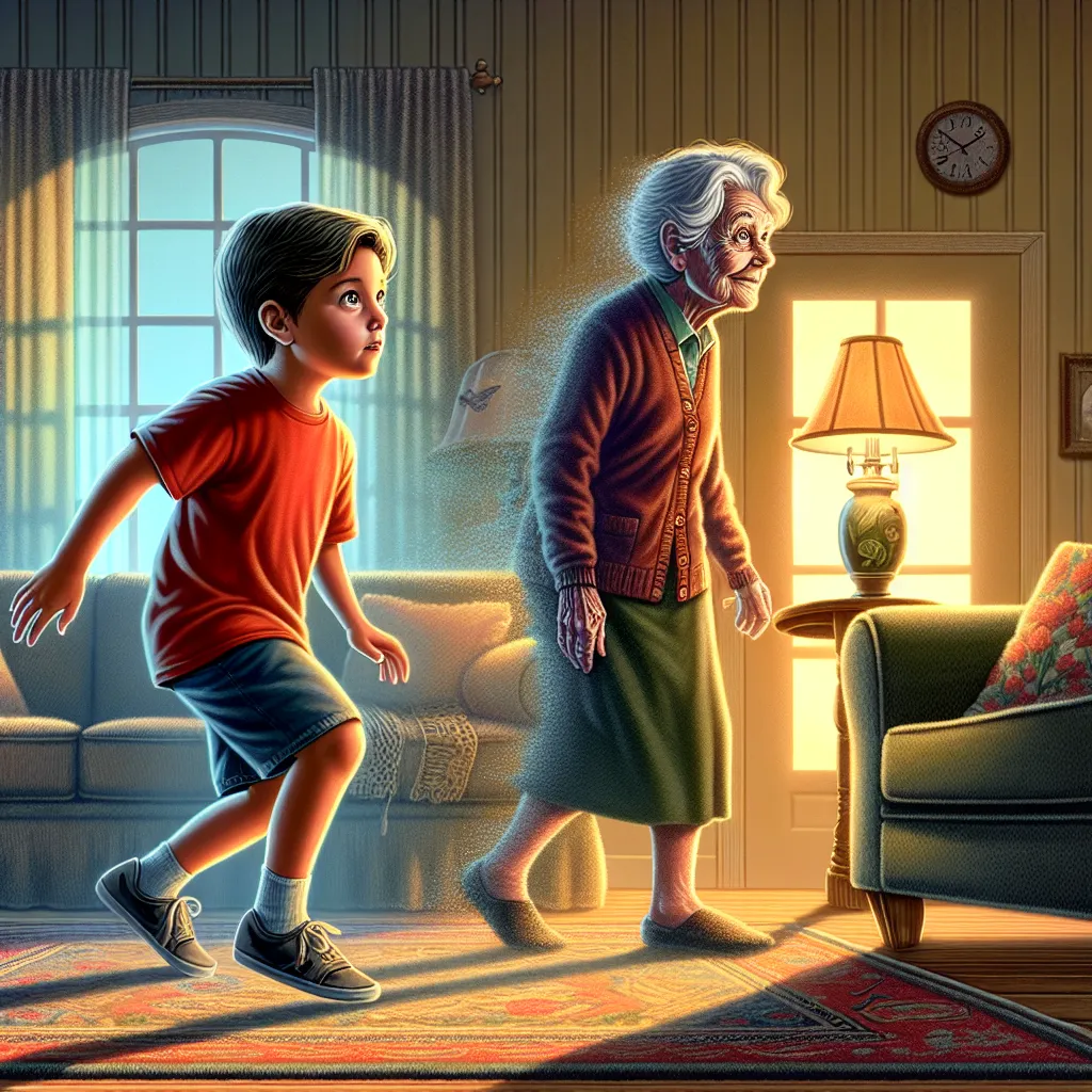 An image depicting a young boy named Ethan exploring his home alone, wearing a red t-shirt and blue shorts, transforming unexpectedly into his grandma Judy.