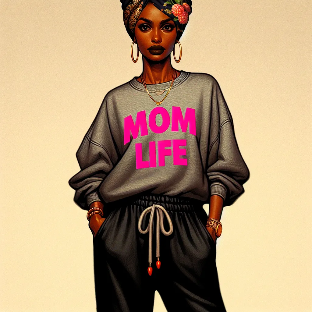 The image accompanying this story should depict a confident African American woman in her early sixties. She should be wearing a comfortable grey sweatshirt with "Mom Life" written in bold pink letters. She should be wearing loose-fitting black sweatpants with side pockets and cinched ankles, along with vibrant red flip-flops with a floral pattern. Her hair should be covered by a black mom turban with intricate golden patterns. She should have dark, expressive brown eyes and be wearing bright or