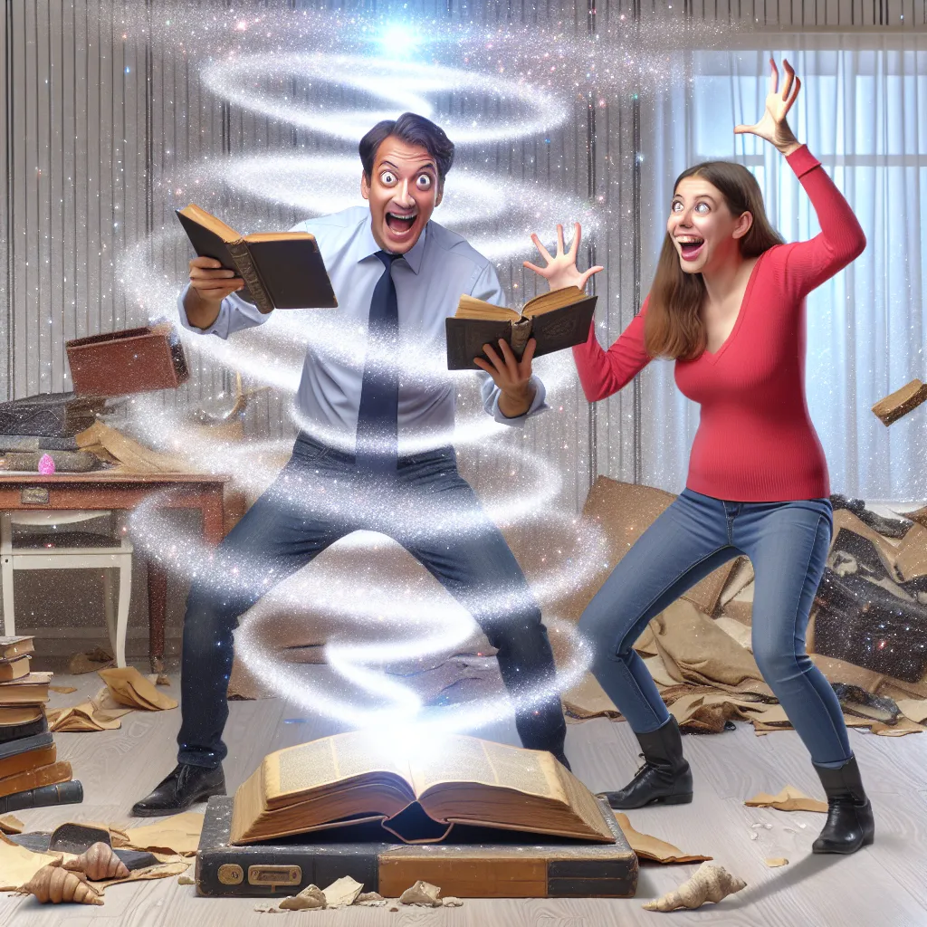 The image accompanying this story is a humorous illustration of two friends, one male and one female, standing in the middle of a room. They are energetically performing wild hand movements and chanting a spell from a dusty, old book. A whirlwind of glowing, sparkly dust surrounds them, indicating their attempt at a body swap. In the background, various objects are in disarray, conveying the chaos of their mischievous plan.