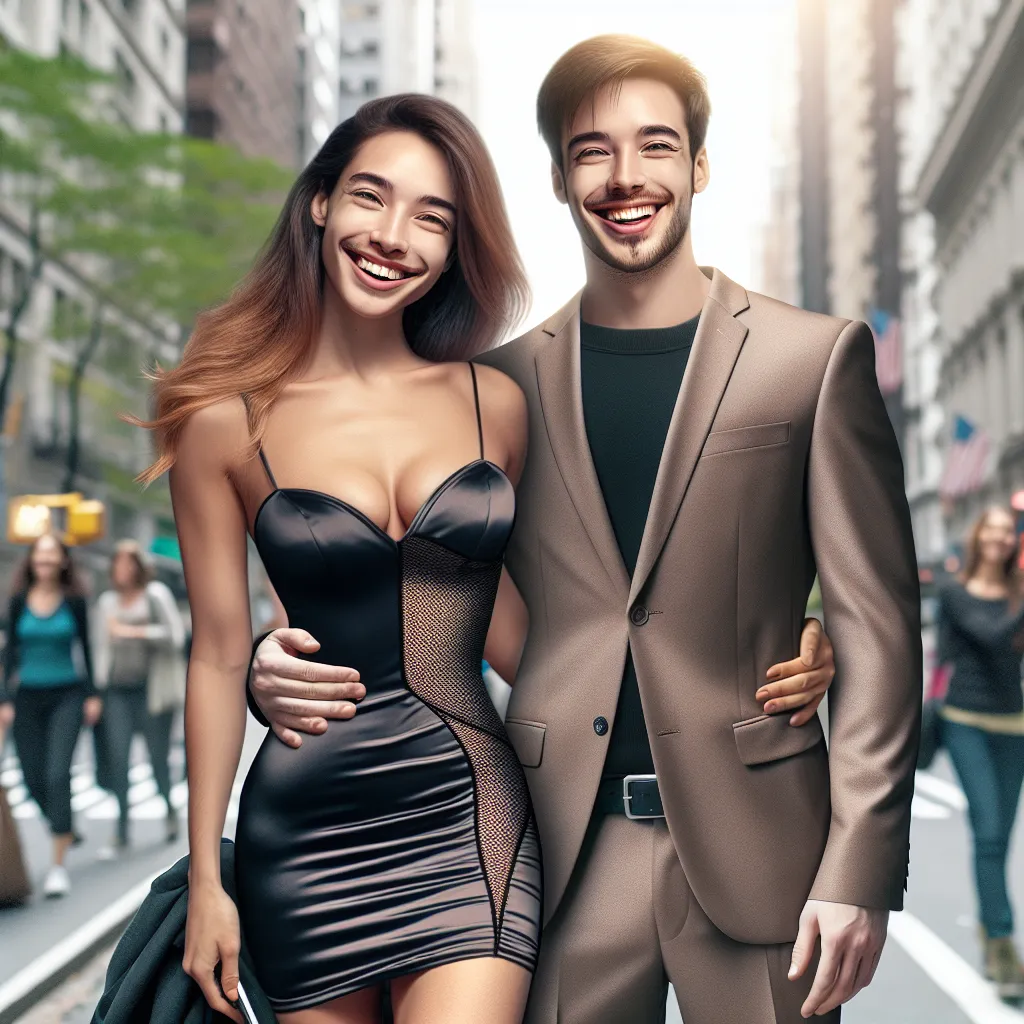An image of two friends, one male and one female, standing side by side on a bustling city street. They are both wearing fashionable clothing, the male friend in a slinky dress and the female friend in a suit. They are both smiling and appear confident, despite the unconventional swap they have undergone. The image captures the surreal and playful nature of their experience, inviting viewers to imagine the possibilities and adventures that lie within the story.