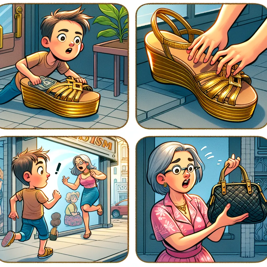 A boy named Daniel finds a pair of golden platform sandals and a purse on the street. As he tries them on, his appearance starts to transform, turning into that of an older woman named Helen. Confused and frustrated, Helen searches for her missing sandals and purse, realizing the valuables inside which she hopes were not stolen. Finally finding them, she scolds herself for being careless and continues on her adventures as Helen.