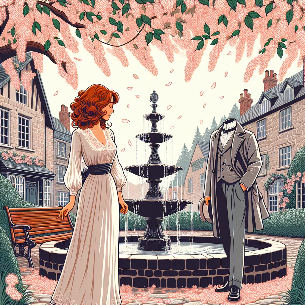 A picturesque scene in a quaint town, featuring Marina and Arlo, the mysterious headless man, as they stroll amidst cherry blossom petals. Marina's auburn curls dance in the wind as she encounters the enigmatic figure by a fountain. Their connection deepens over time, transcending superficial appearances and intertwining their souls in a mesmerizing love story.