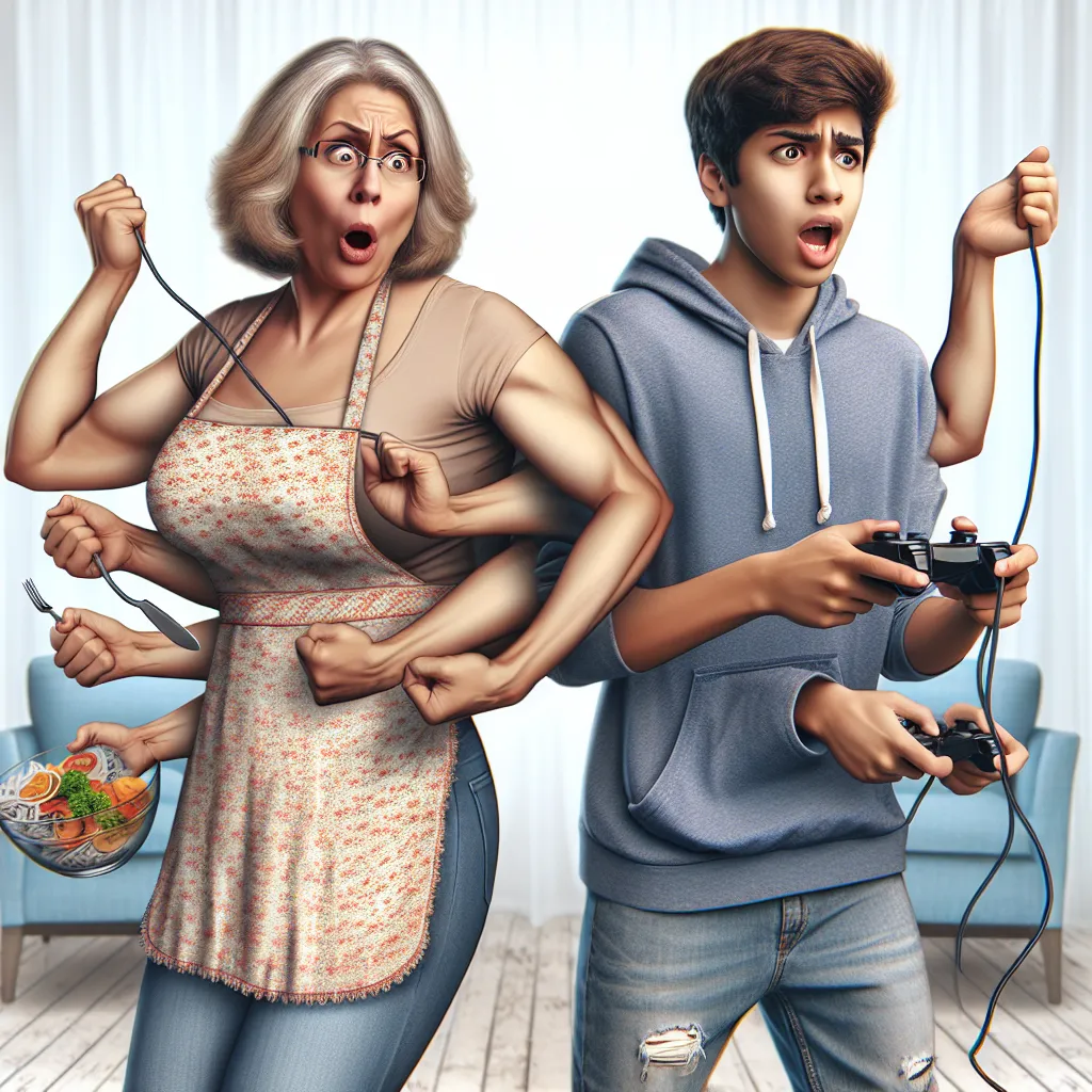 A humorous image of a mother and her teenage son, who have swapped bodies, causing hilariously awkward and chaotic moments.