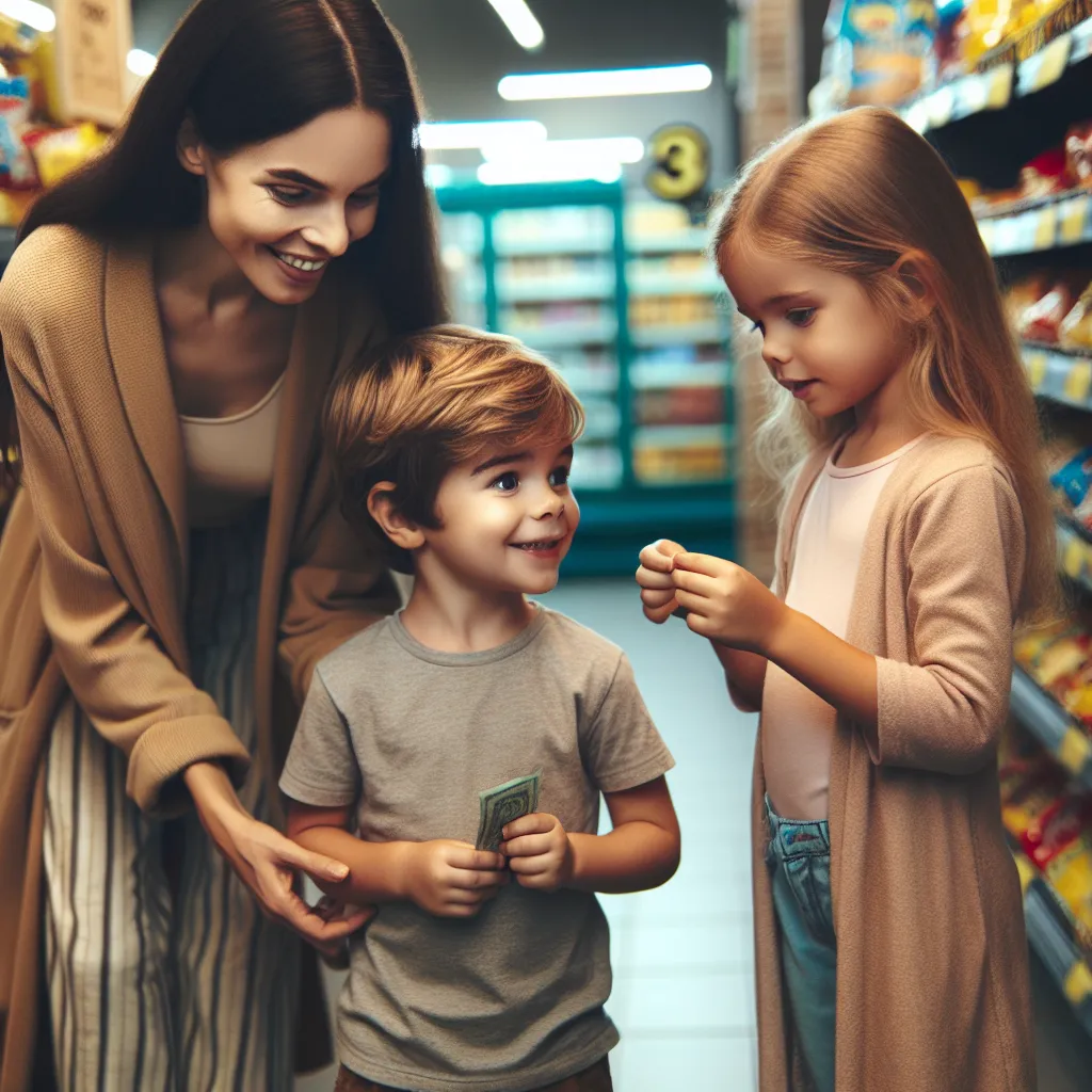 In this image, a young boy named Oliver, his mother Susan, and a girl named Emma stand together in the grocery store. They are surrounded by shelves stocked with snacks and treats. Oliver is clutching a small bill in his hand, while Susan and Emma are engaged in conversation with each other. Oliver has a curious and excited expression on his face, while Susan and Emma have warm and kind smiles. The image captures a moment of connection and possibility, as Oliver sets off on a small adventure wit