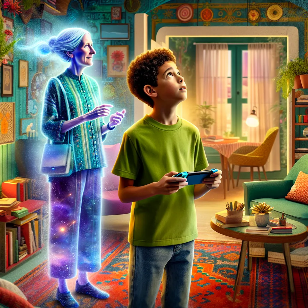 A young boy in a lime green t-shirt and faded jeans gazes up at his invisible, despairing form, rendered transparent by a shocking body-swap twist with his mom after a failed attempt to reach his confiscated Nintendo Switch.