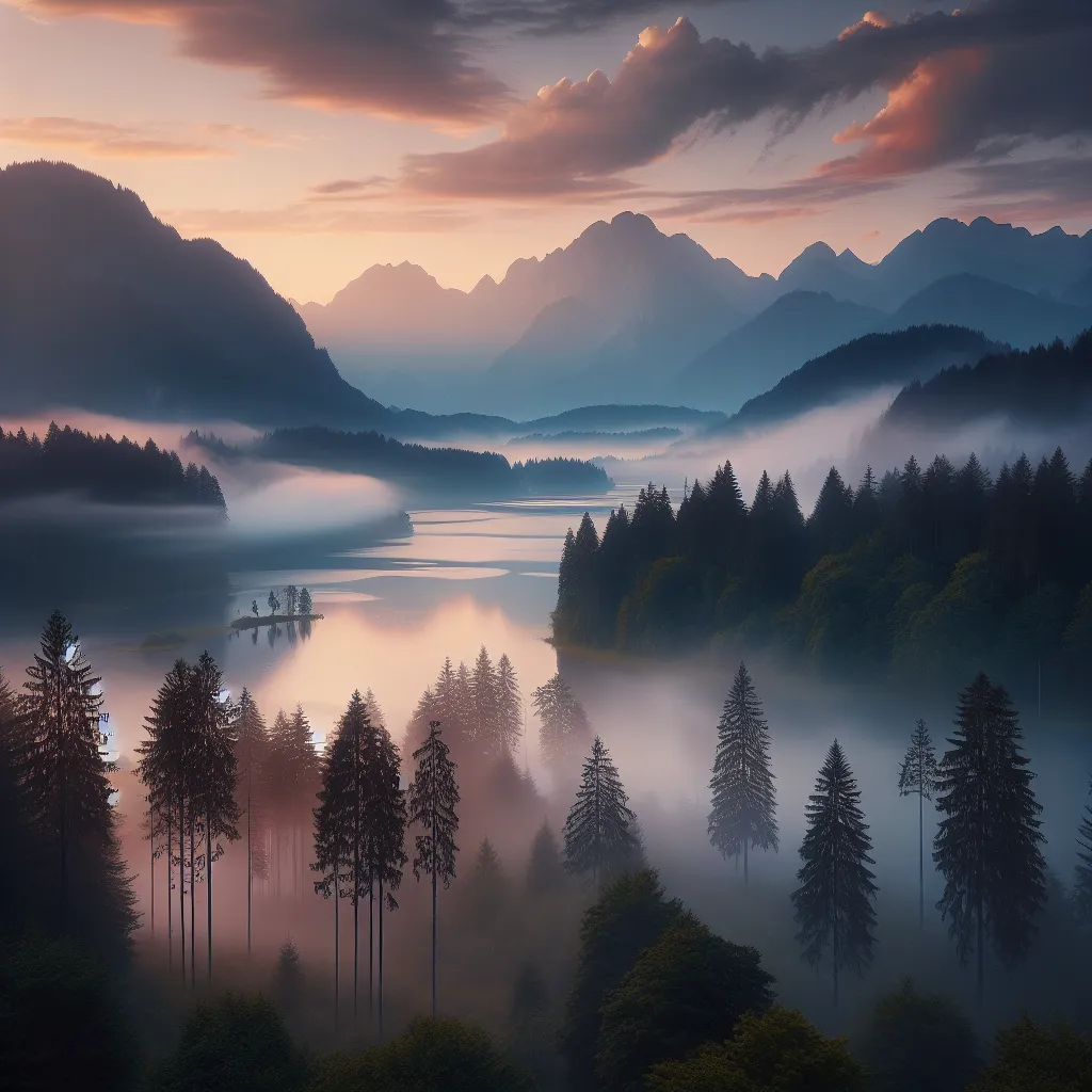 A serene sunrise over a mist-covered lake surrounded by tall trees and mountains in the distance.