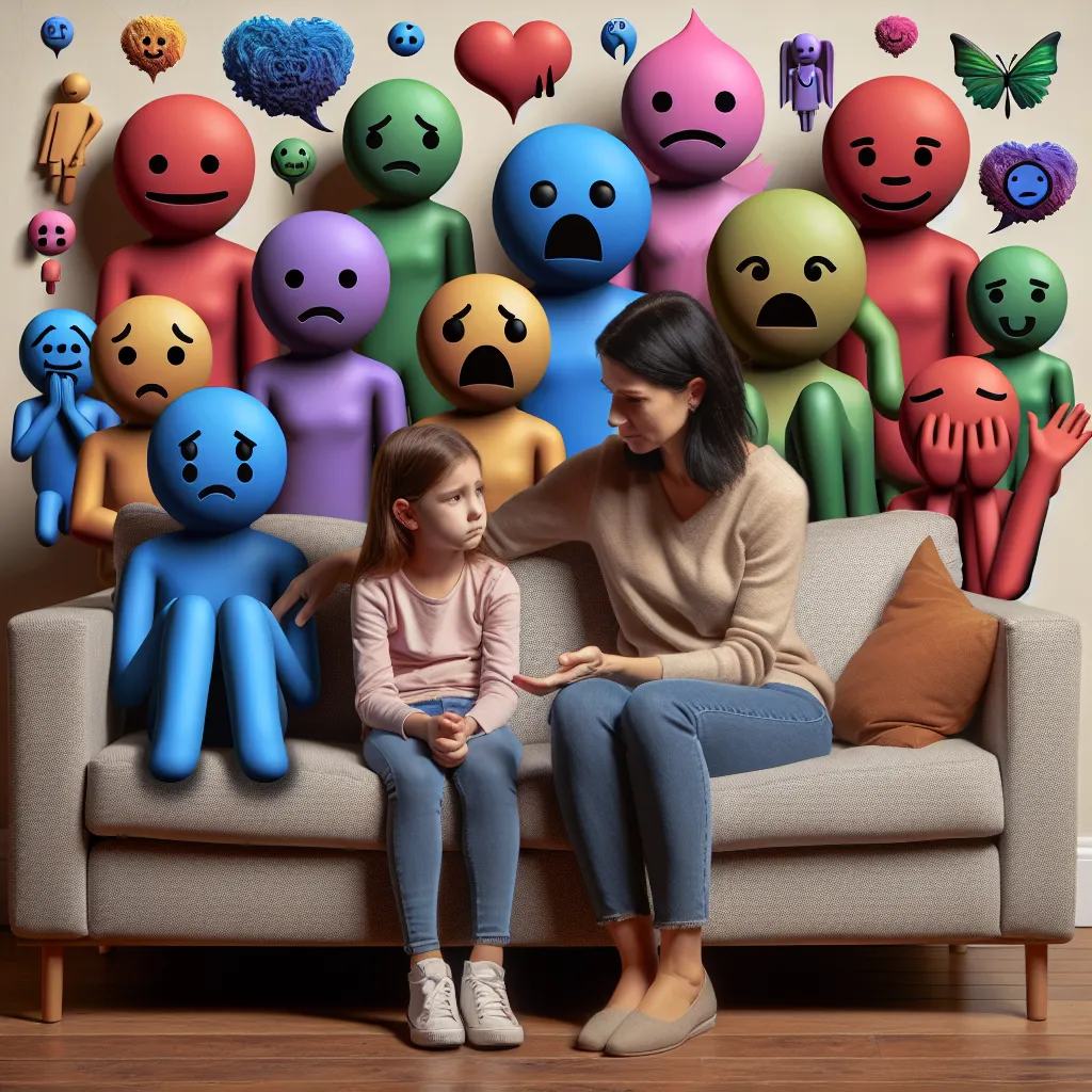 A young girl and her mother sit on a couch, having a heartfelt conversation. They are surrounded by colorful, anthropomorphic emotions representing Joy, Sadness, Anger, Fear, and Disgust.