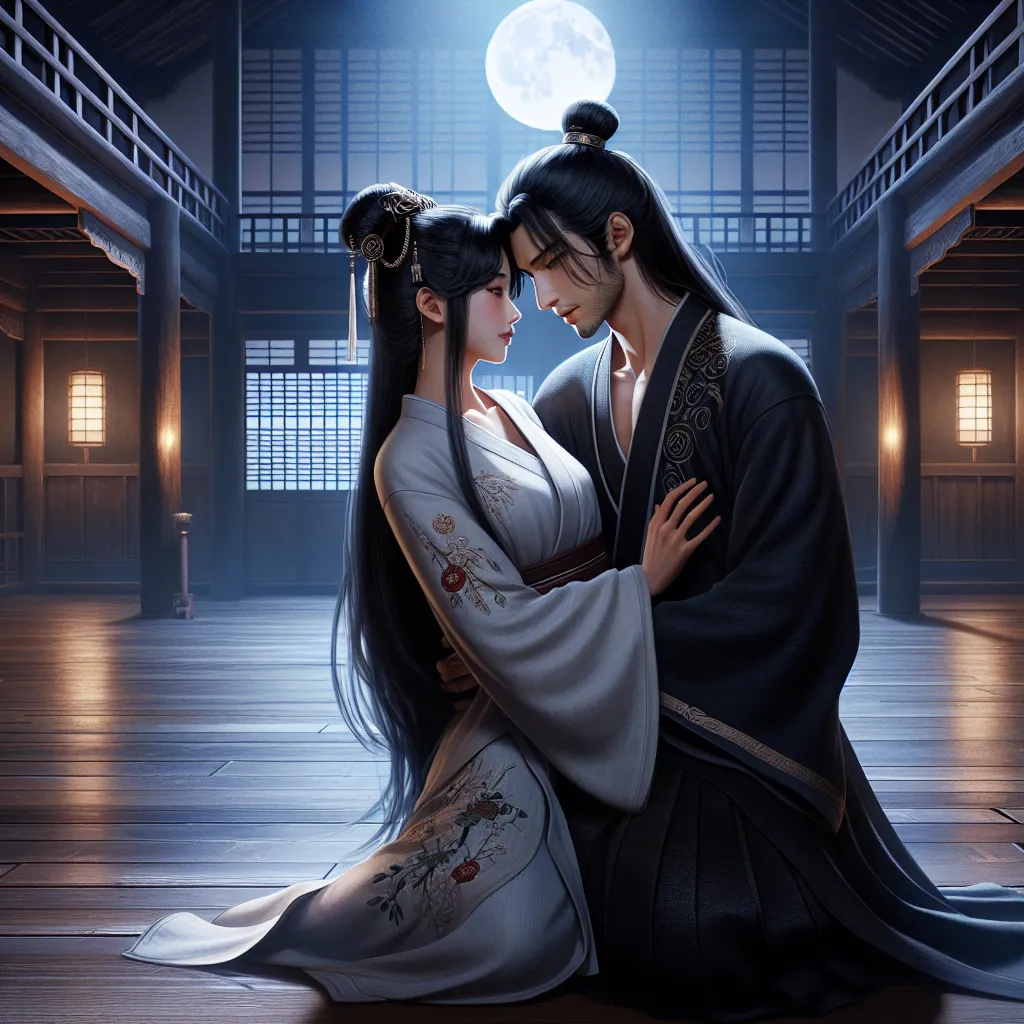 A romance between Mei and Kenji unfolds in a moonlit dojo as they share a tender and intense embrace, captured in a moment of unspoken yearning and desire.