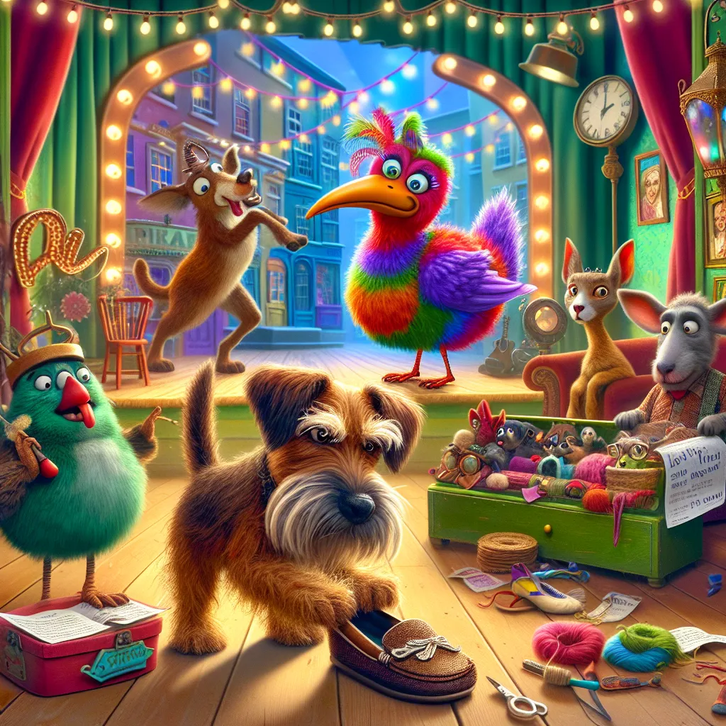A colorful, lively theater scene with Edie Von Keet in Roxie McTerrier’s terrier body looking flustered and trying to fetch a slipper, while Roxie, trapped in Edie’s bright, feathery bird body, awkwardly squawks on stage holding a script. Nearby, Jade Catkin watches skeptically, and Quincy Goatee holds play flyers. Manny Mouser’s quirky invention with blinking lights stands in the background. The setting is cozy and whimsical, capturing the playful chaos of body-swapping among animated pet frien