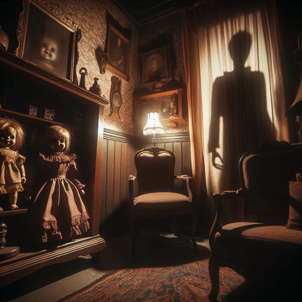 Title: "Whispers in the Shadows: A Tale of Supernatural Dread"
Genre: Horror

Description: A dimly lit room adorned with Victorian-era furniture and creepy dolls. Shadows loom menacingly in the corners as a ghostly figure materializes, causing a shiver down the viewer's spine.