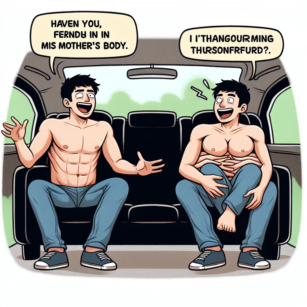 The image accompanying this humorous tale depicts two friends, one in his mom's body, sitting in a car. They are laughing and exchanging banter, with the friend in his mom's body struggling to adjust to his new physical appearance, particularly his mom's breasts.