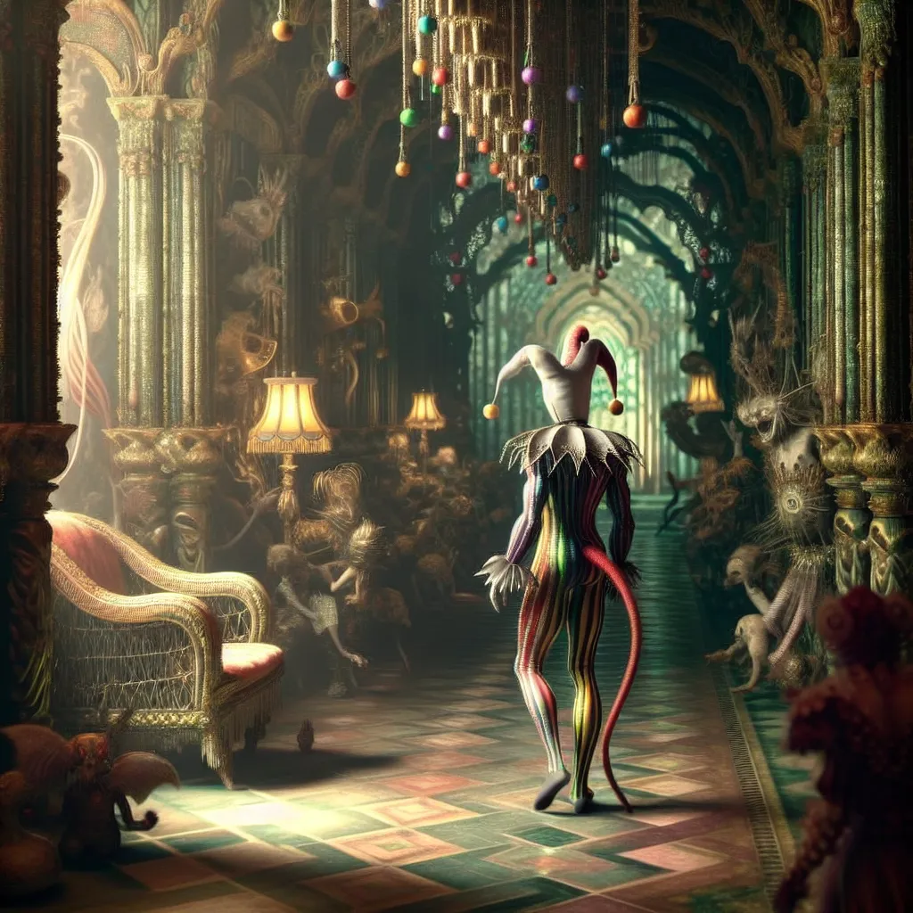 Description: The image depicts a jester-like figure with elongated, striped limbs, a tail, and colorful jingling bells on their clothing. The figure stands in a dimly lit room, surrounded by garishly decorated furniture. They appear shocked and confused, their face reflecting a mix of terror and acceptance. In the background, a grand hallway can be seen, filled with infernal beings going about their business. The image captures the transformation and acceptance of the protagonist, Fizzarolli, as