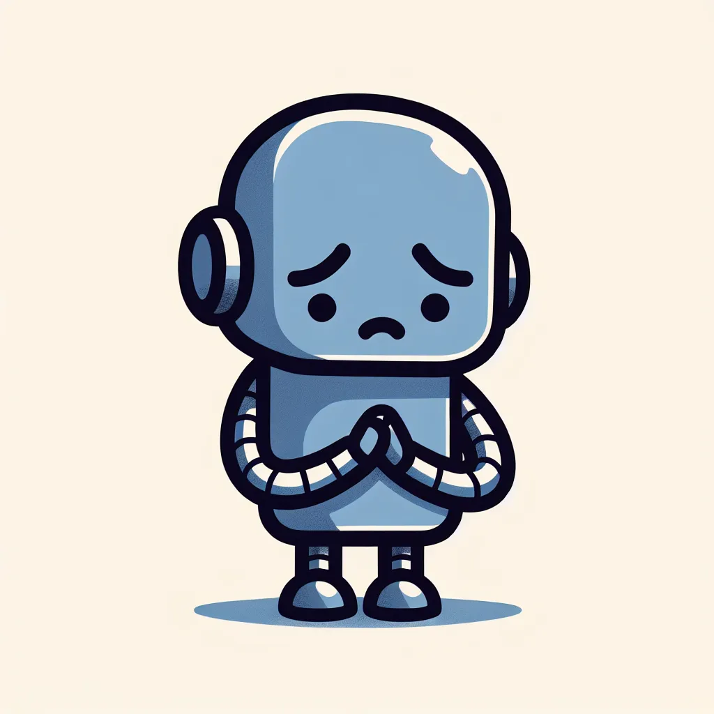 A simple illustration of a sad robot with its head lowered, conveying an apologetic expression.