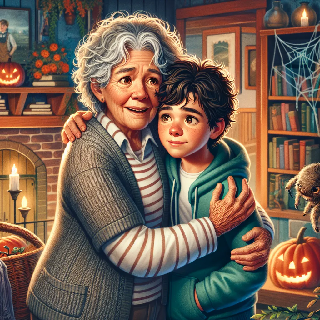 An image illustrating a young boy, Oliver, and his grandmother Diane, navigating a transformative journey where Oliver finds himself trapped in the body of his mother, Madison, after a mysterious Halloween swap. The image captures their emotional bond, resilience, and unwavering love as they navigate challenges and celebrate small victories together.
