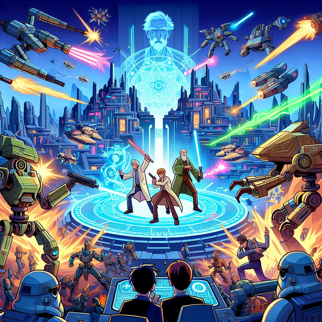 Description: The image depicts the chaotic and action-packed world of "Helluva Boss Vs... MegaMurder Mission!" as the main characters of the I.M.P. crew infiltrate a futuristic robot-filled city, battling turrets, security robots, and Dr. Light's advanced defense systems. The intense showdown culminates in a final devastating attack that eliminates Dr. Light, leading to a reunion in Hell between him and Dr. Wily, now allies in their afterlife. The image captures the thrilling and humorous moment