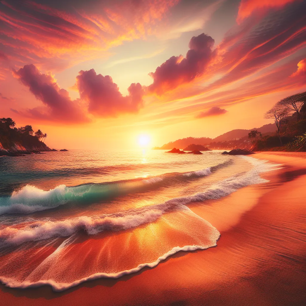 A serene seaside landscape at sunset, with the waves gently crashing against the sandy beach and a vibrant orange and pink sky casting warm light over the scene.