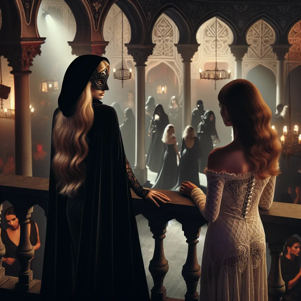 A woman in a black velvet cloak and mask stands on a VIP balcony of a gothic nightclub, scanning the crowded dance floor filled with masked patrons. She notices a woman in a white lace gown who seems familiar. After a brief exchange at the bar, the mysterious woman disappears into the back of the club, and the woman in black chases after her. In the dimly lit alleyway, the woman in black removes her mask to reveal her sister, who had been missing for two years. They flee together, knowing that t