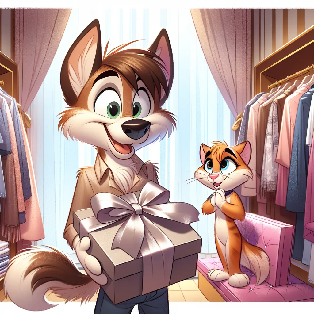 The image shows Dudley Puppy standing in a fancy lingerie boutique, surrounded by silk and satin garments. He holds a gift box containing a pair of black lace panties, the present he bought for his partner, Kitty Katswell. Dudley is eager and excited, while Kitty's expression shows a mix of surprise, amusement, and gratitude.