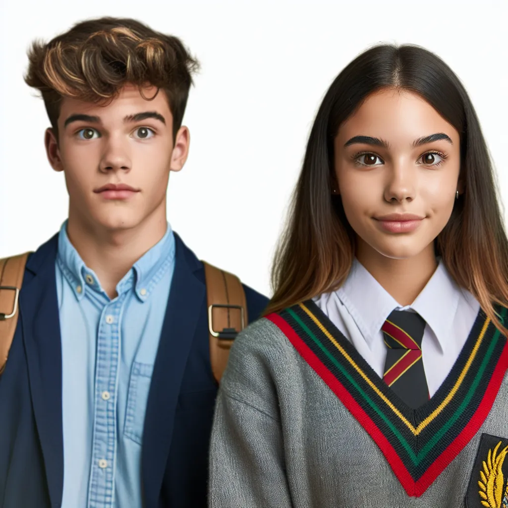 An image of two high school students, one male and one female, standing side by side, each wearing their respective school uniforms. The male student has an expression of surprise or confusion, while the female student has a confident and outgoing demeanor.