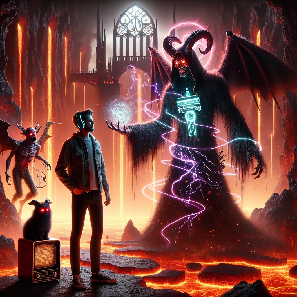 A fantasy scene featuring a human in Hell, guarded by a mysterious figure named Vox against the threat of Alastor, a menacing radio demon. The story unfolds with twisted games and surprising alliances, culminating in a deadly showdown and a journey towards redemption in the Hazbin Hotel.