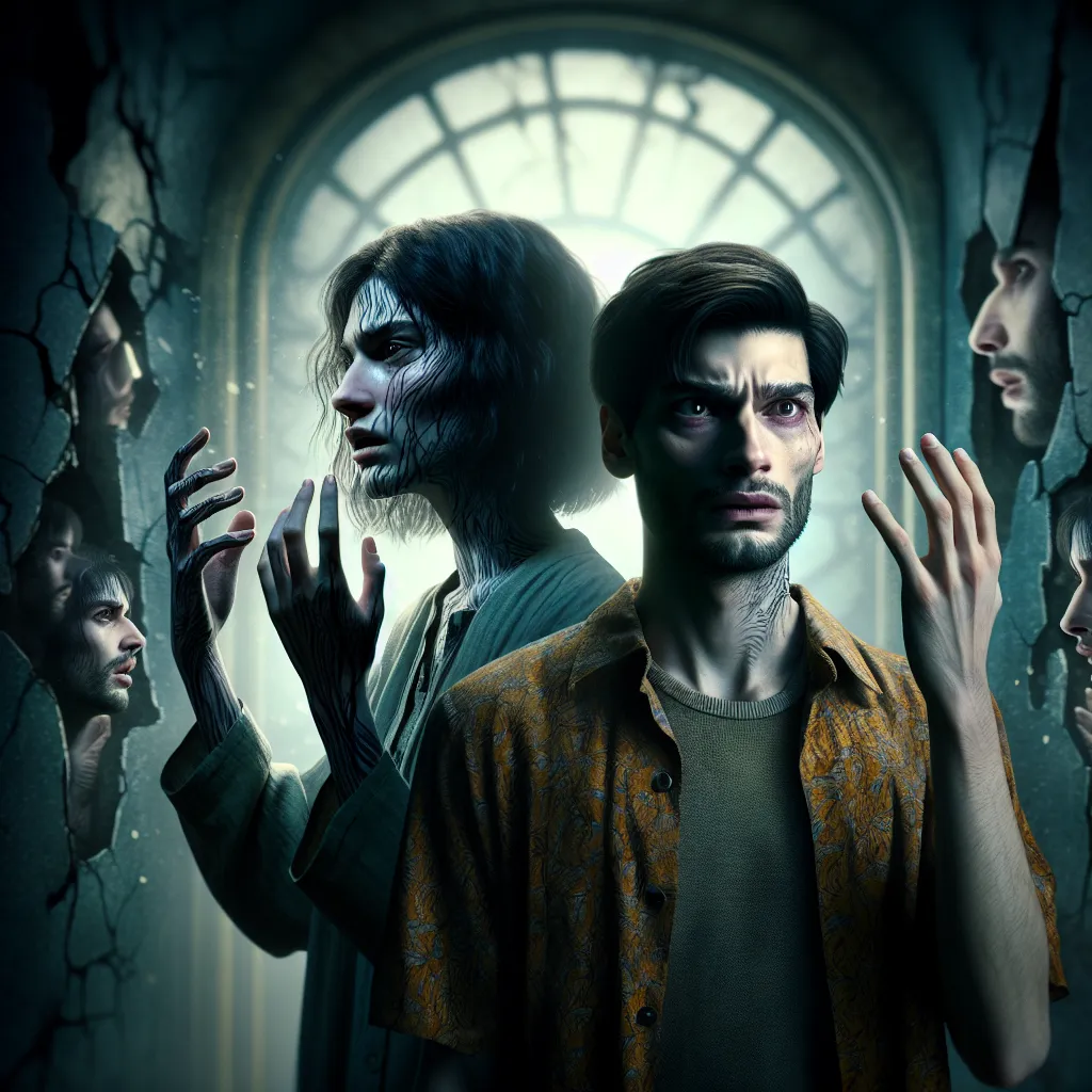 An intense horror story unfolds as Leo wakes up in Luna's body and Luna in Leo's, trapped in a twisted body swap. They struggle with their new identities, forced to navigate a cruel curse that no one else can see. The image will capture the eerie essence of the story, depicting Leo and Luna's unsettling realization of being trapped in each other's bodies, their eyes filled with fear and desperation.