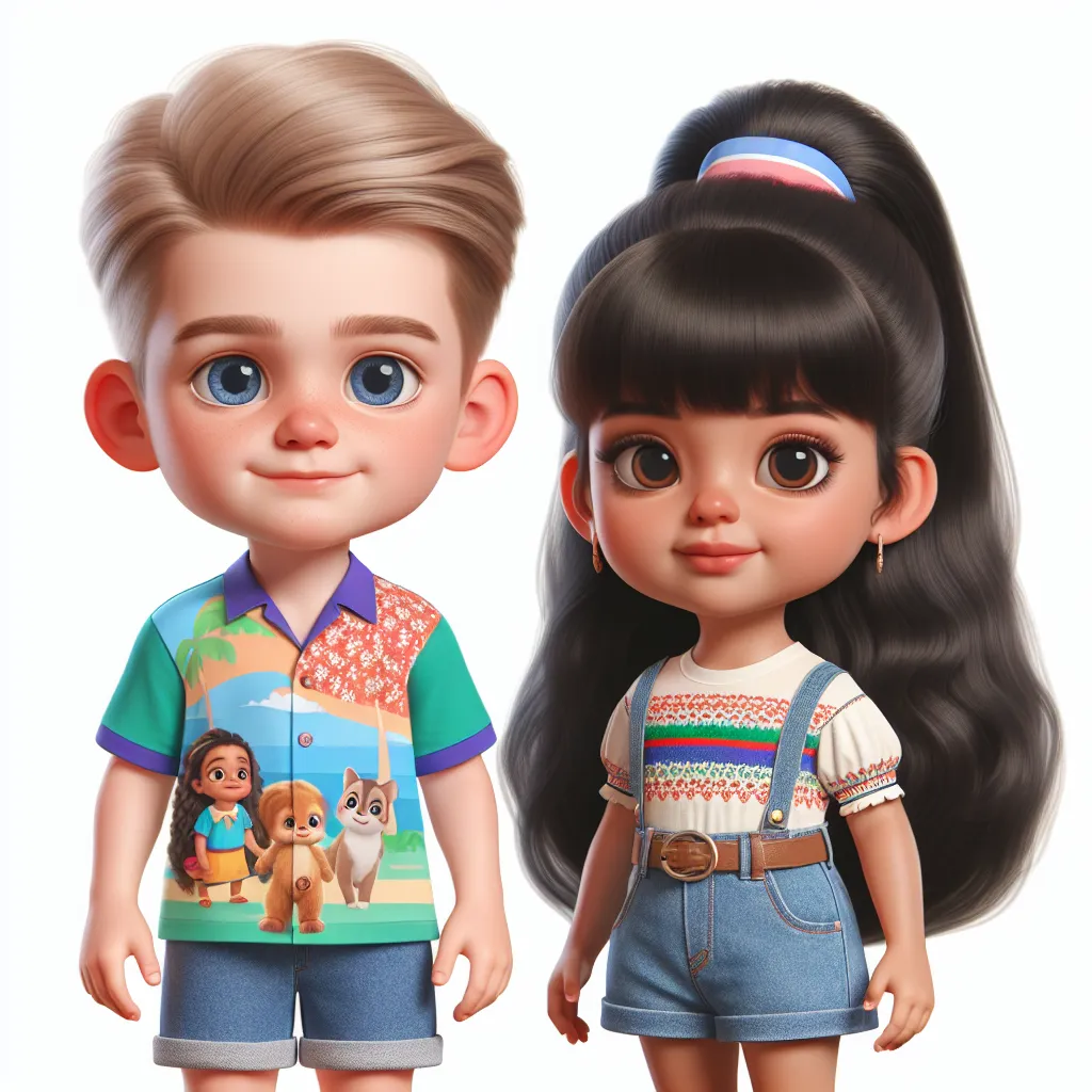 An image of a five-year-old boy named Timmy, with short blonde hair, blue eyes, and a buzz cut, standing next to a four-year-old girl named Sofia. Timmy is wearing a colorful tank top and denim shorts, while Sofia has long black hair styled in pigtails.