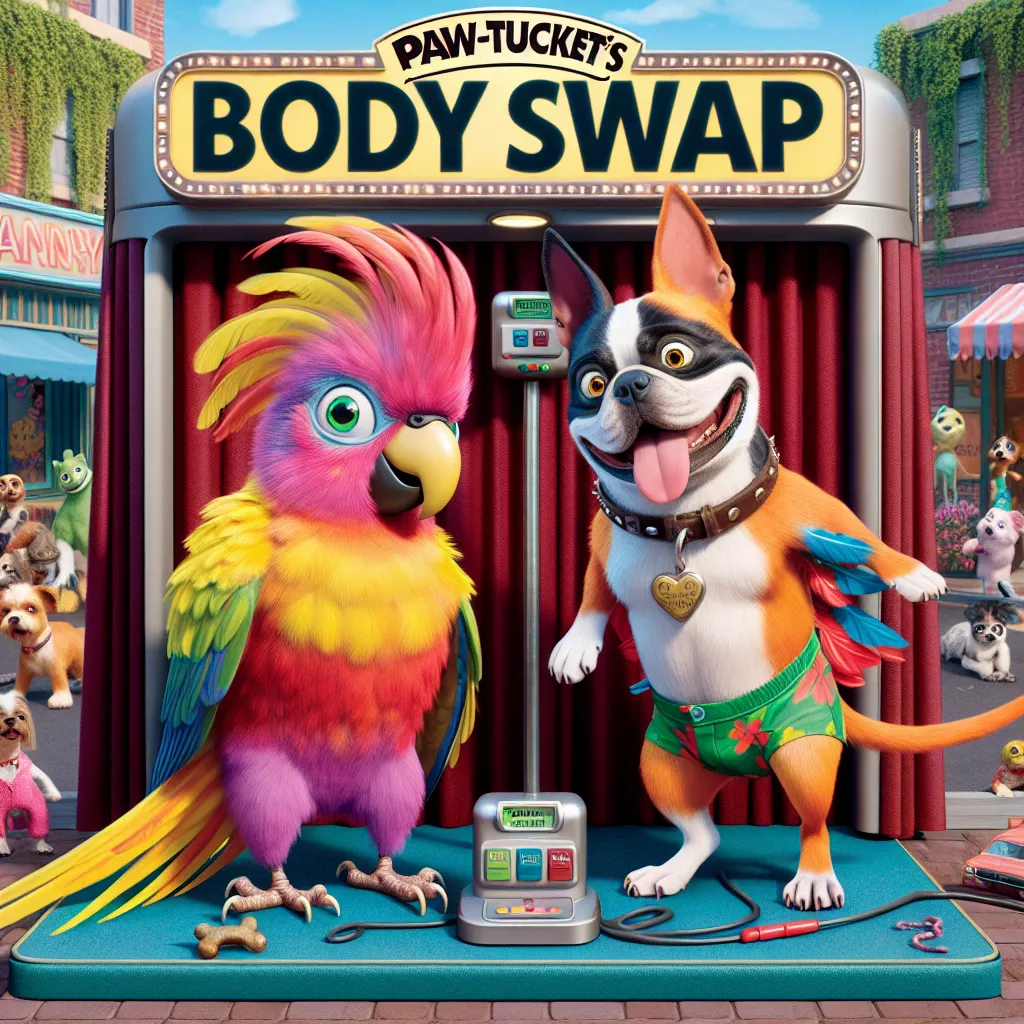 An energetic parakeet named Edie swaps bodies with a Boston Terrier named Roxie using Manny's Body Swap device for a day in a hilarious mishap before starring in a play, resulting in a series of comedic misunderstandings and heartwarming moments in Paw-Tucket's Pet Street.