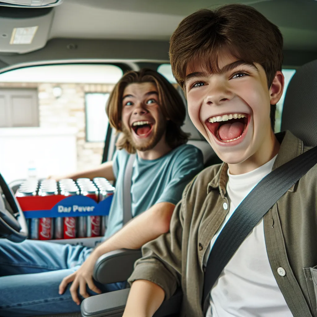 The image accompanying this story depicts two teenagers, Brad and Kyle, sitting in a minivan. Brad is in the driver's seat, grinning excitedly, while Kyle, who is visibly in the body of his mother, sits next to him. They are both laughing, and behind them, a case of beer is visible.